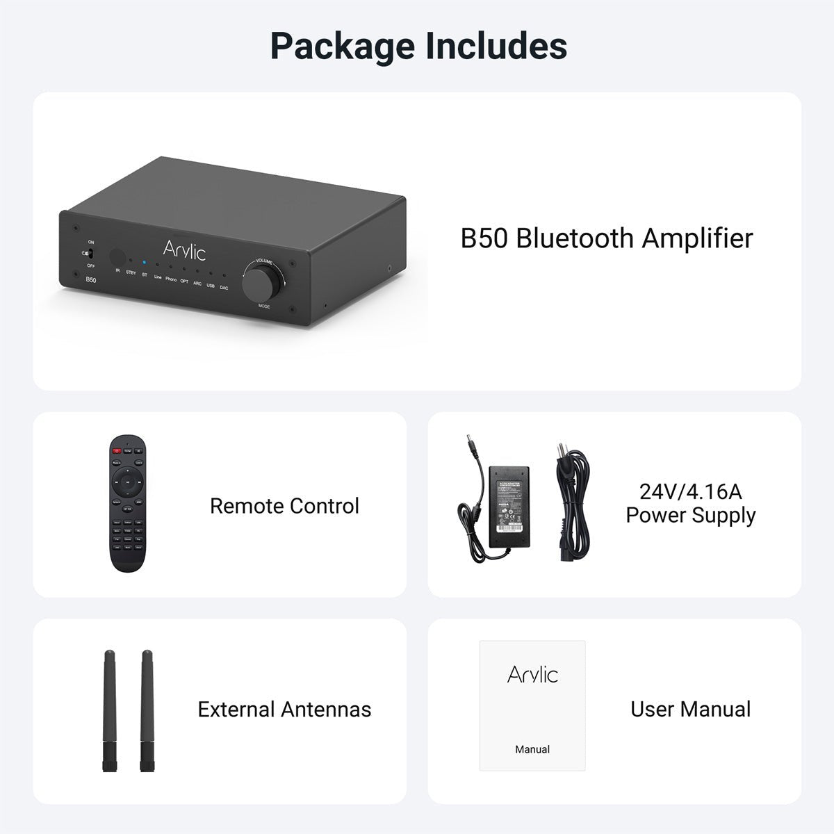 ARYLIC B50 Amplificateur Bluetooth 5.2 Bi-Directionnel aptX HD HDMI ARC  2x50W 4 Ohm - Audiophonics